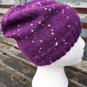 Hand Knitted Purple Sparkly Beanie, Knitted Purple Hat with Purple Sequins, Womens Size Small/Girls to fit head approx. 21.5&quot;circ. Depth 8&quot;