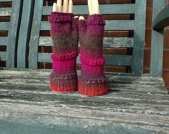 Hand Knitted Fingerless Gloves, Womens Gloves, Small Size Adult Gloves, Fingerless Mitts, Woolly Gloves, Ladies Knitted Gloves, Stripey Mitt