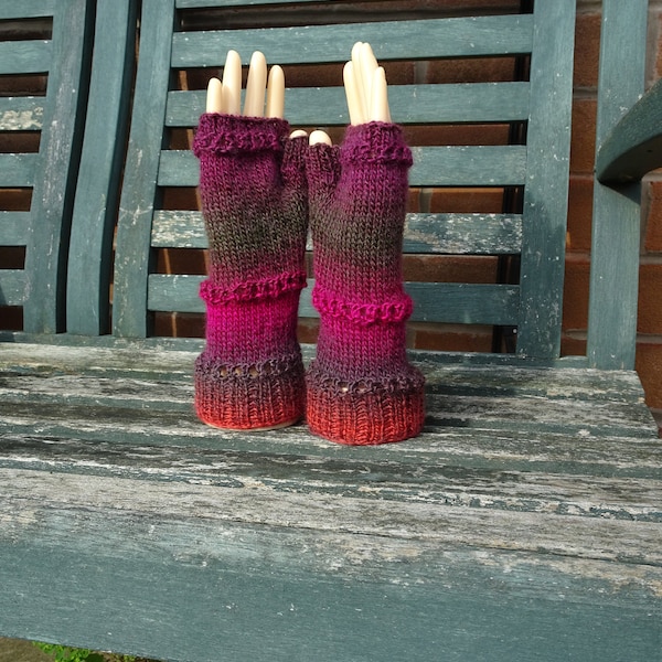 Hand Knitted Fingerless Gloves, Womens Gloves, Small Size Adult Gloves, Fingerless Mitts, Woolly Gloves, Ladies Knitted Gloves, Stripey Mitt
