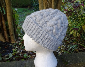 Hand Knitted Grey Cable Patterned Hat, Light Grey Small Adult Aran Hat to fit head approx. 21 inches - Small Adult Size, Grey Cable Knit Hat