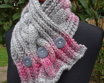 Hand Knitted Neck Warmer, Buttoned Scarf, Cable Knit Scarf, Buttoned Neck Warmer, Grey and Pink Neck Scarf, Chunky Cable Knit, Acrylic Scarf