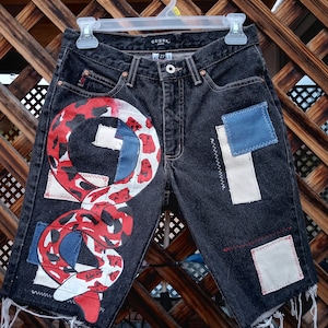Custom Punk Hand-Painted Snake/Grunge Patchwork Guess Jeans || Bermuda Jean Shorts