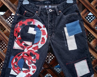 Custom Punk Hand-Painted Snake/Grunge Patchwork Guess Jeans || Bermuda Jean Shorts
