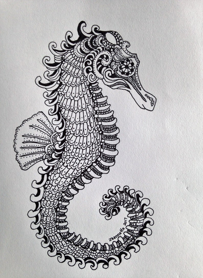 Sea Horse drawing in Black and White image 1