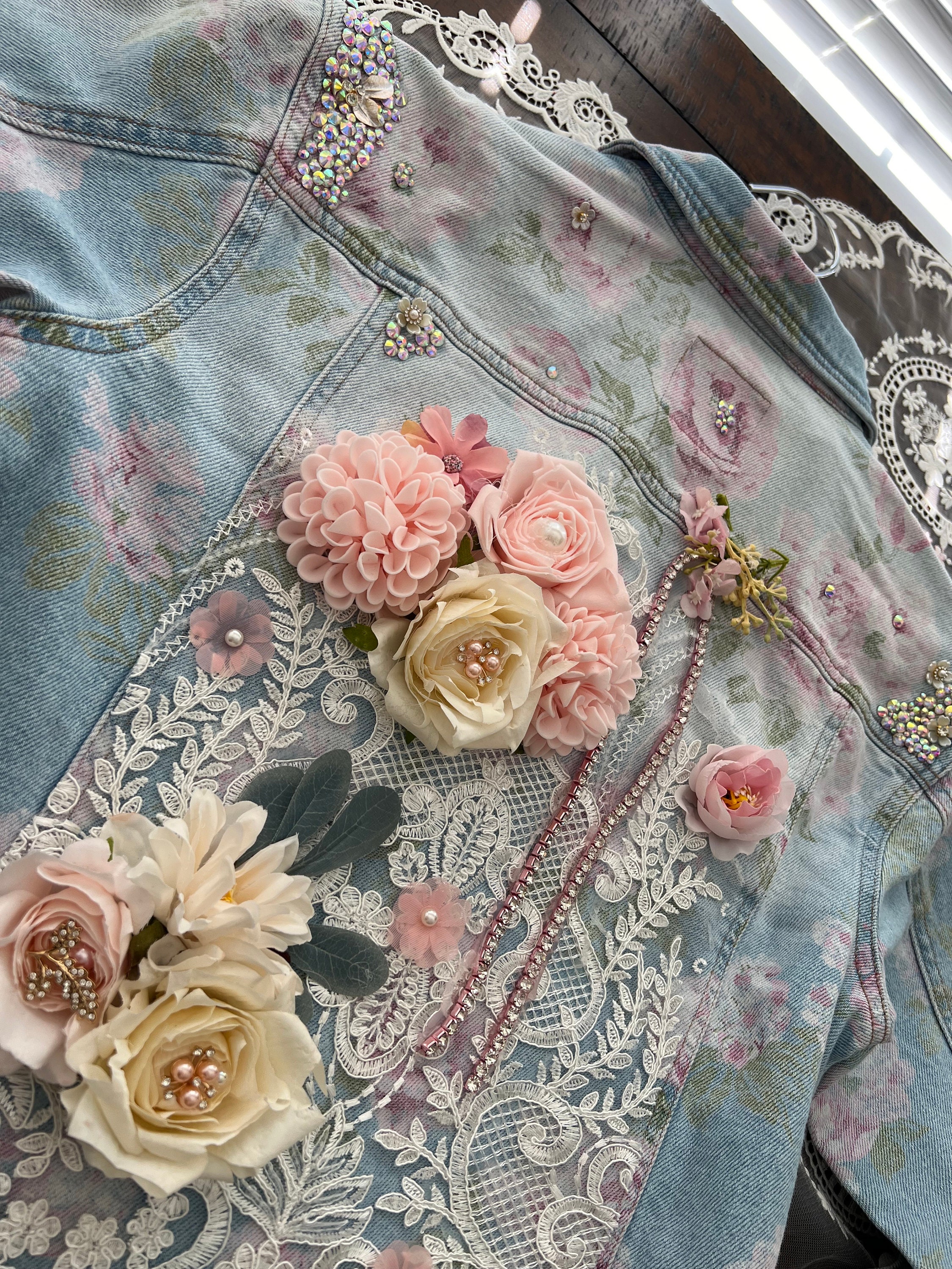 Rhinestone on Rose Vintage Denim Jacket - Etsy