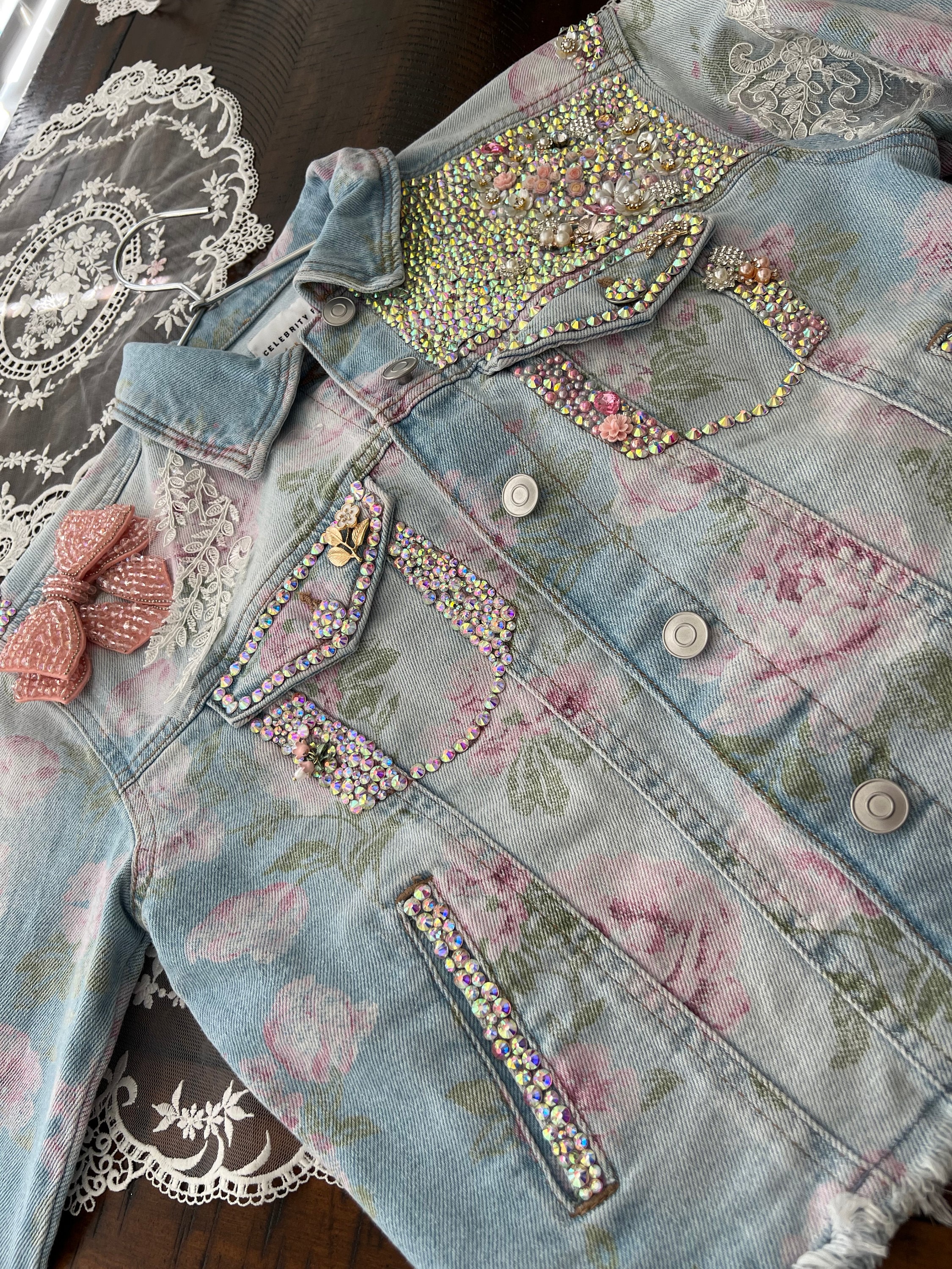 Rhinestone on Rose Vintage Denim Jacket - Etsy Rhinestone on Rose Vintage Denim Jacket - Etsy