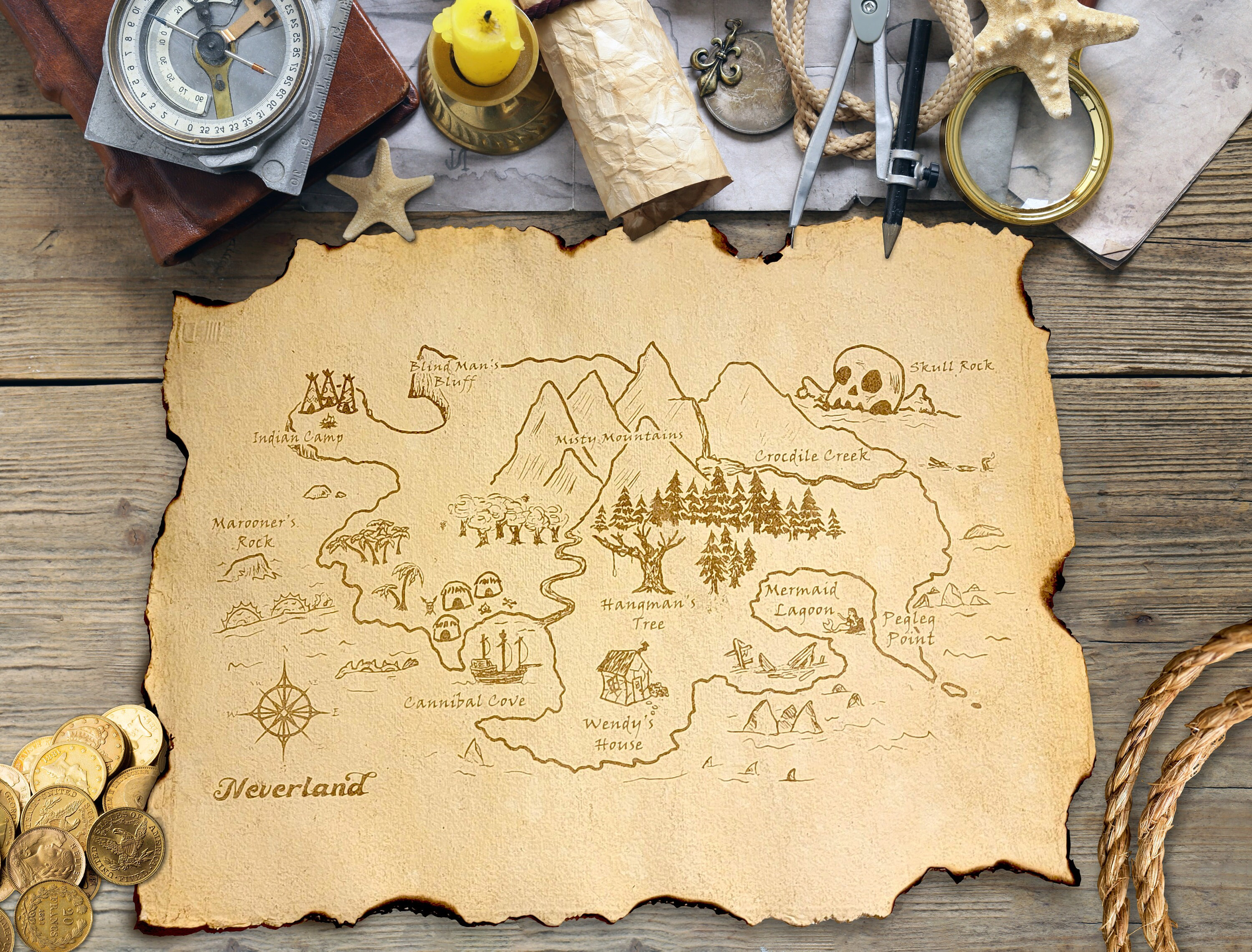 Fantasy Treasure Maps - Neverland - 100 Acre Woods (laser Engraved