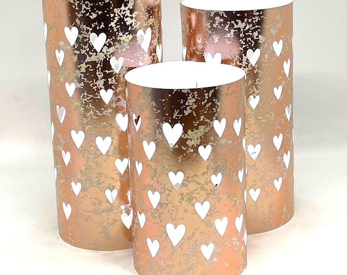 NEW! Hearts Luminary Centerpiece (set of 3) are made from Rose Gold, Pink Mercury or Pink matte Card Stock (battery candles not included.)
