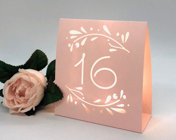 Rustic Vine Table Numbers for Weddings made with  Pink Blush or Gray card stock. Set the mood with these affordable table luminaries.