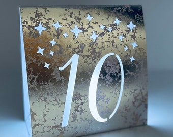 Starry Night Table Number Luminaries made from Cardstock: Foil mercury or Matte Navy, Black.