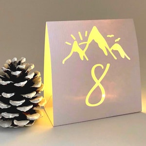 Mountain Table Numbers are made from Copper Mercury Glass or white card stock. These Wedding Luminaries set the rustic western mood.