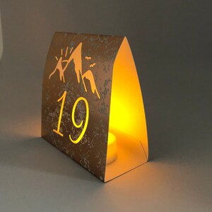 Mountain Table Numbers are made from Copper Mercury Glass or white card stock. These Wedding Luminaries set the rustic western mood. image 5