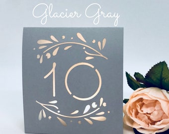 Gorgeous RUSTIC Table Numbers for Weddings made with  Pink Blush or Gray card stock. Set the mood with these affordable table luminaries.