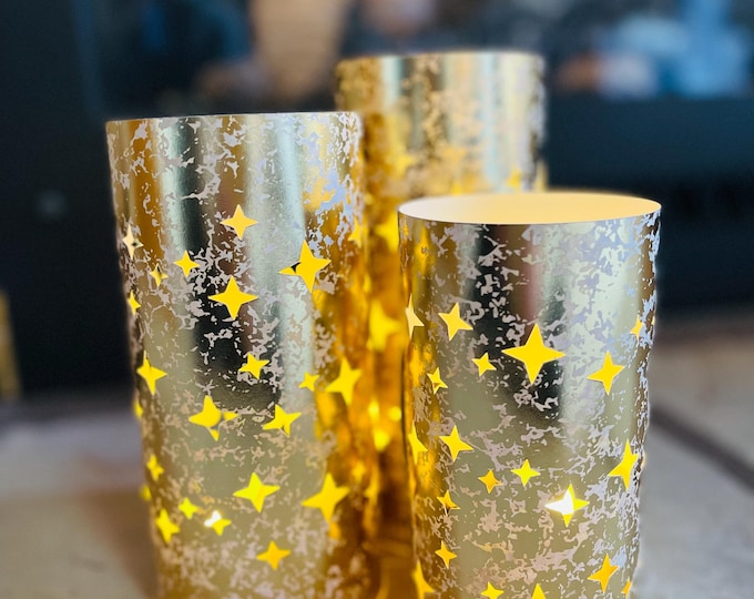 Star Luminary Trio: Mercury Glass Style Centerpiece Made with Gold, Silver, Copper or Rose Gold Cardstock