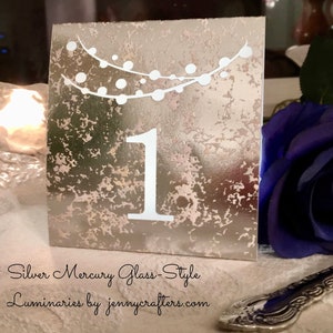 String of Lights Table Numbers ROSE, GOLD, SILVER or Copper Foil Mercury Glass Cardstock Luminaries Rustic Wedding Decor Silver