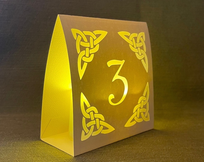 Celtic Table Number Luminaries for Weddings or Irish Parties are made with your choice of Ivory Cream or Black card stock.