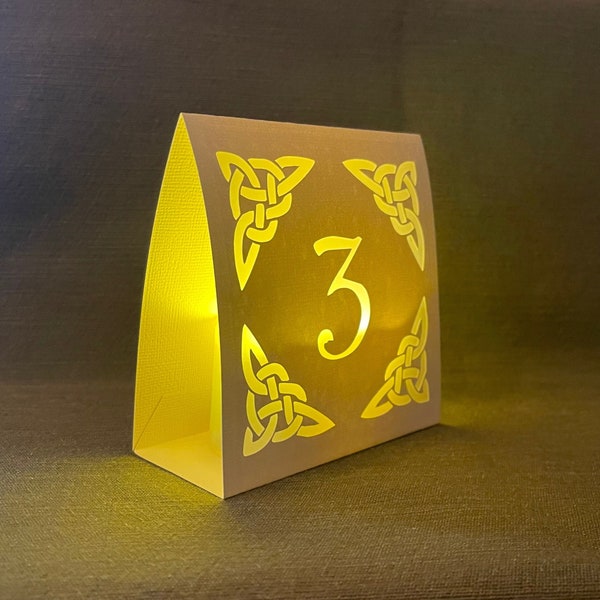 CELTIC TABLE NUMBER Luminaries for Weddings or Irish Parties are made with your choice of Ivory Cream or Black card stock.