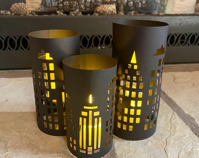 City Lights Luminary Centerpiece, set of three. Color choices: Black, Copper, Navy.