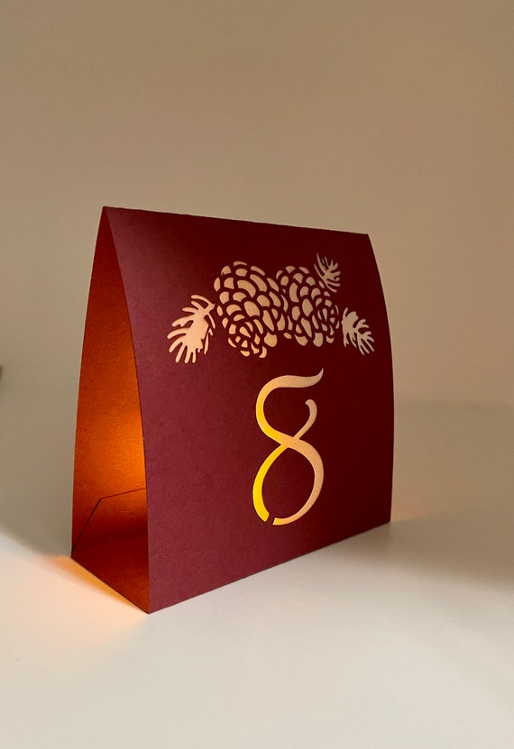 Pine Cone TABLE NUMBERS for Fall and Winter Weddings and Events • Color choices:  MERLOT or Kraft Brown