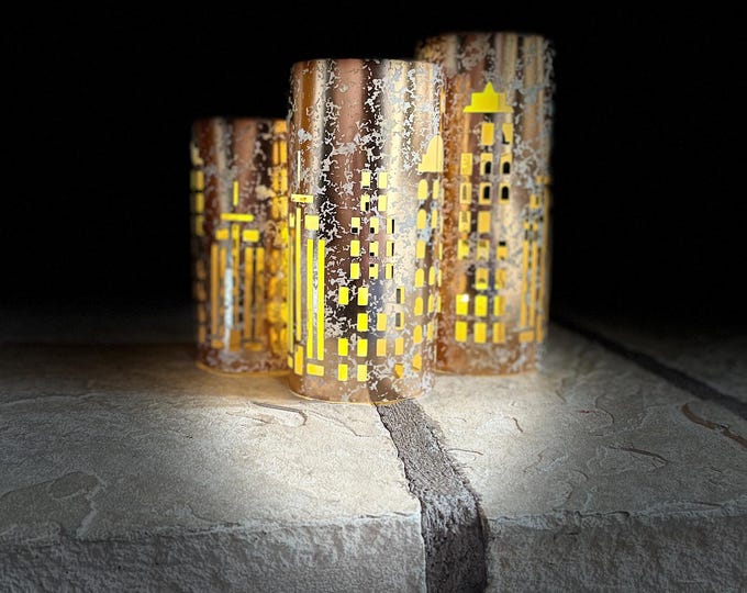 City Lights Luminary Centerpiece, set of three. Color choices: Black, Copper, Navy.