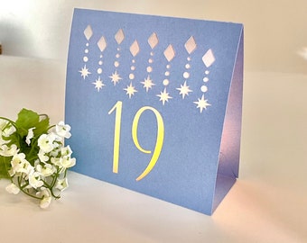 BLUE or PEARL Shimmer Table Numbers with diamond drop cutouts for Weddings and Holiday Parties • Winter Wedding Table Decor