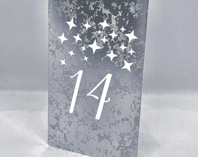 Starry Night 3-sided Table Numbers made from Mercury glass cardstock.