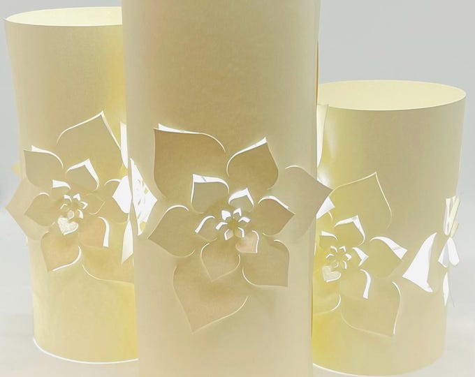 Elegant Wedding Centerpiece Trio Set made from Shimmer Cardstock to use with LED candles (not included). Colors: Ivory, Gray, White.