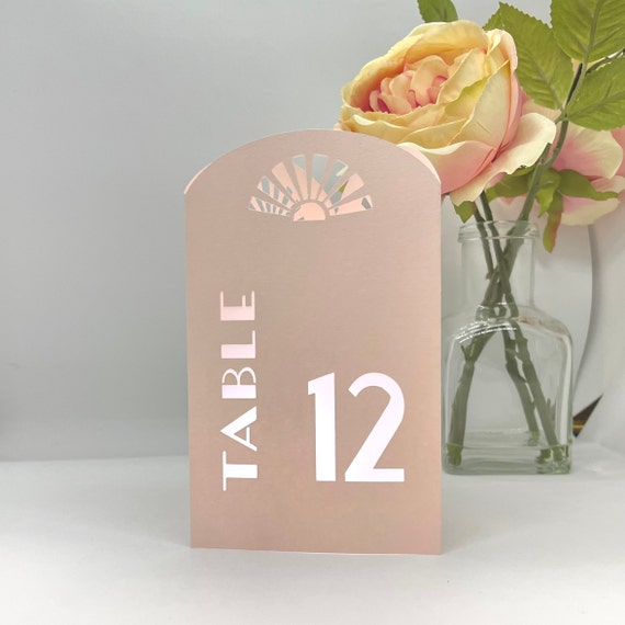 Art Deco ARCH Table Numbers are 3-sided Luminaries for weddings and special events. Choose Black, Blush Pink or Gray Silver Pearl.