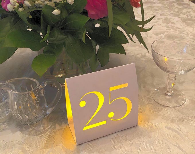 AMBIENT LIGHT Numbers are Table Number Luminaries made from White, Navy or Gray Cardstock.