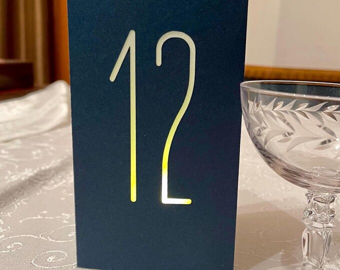 Tall Tower 3D Table Number Sets for Big Special Events. 7" tall and 3-sided luminaries made with 80 lb quality card stock. Sets of 10-100.