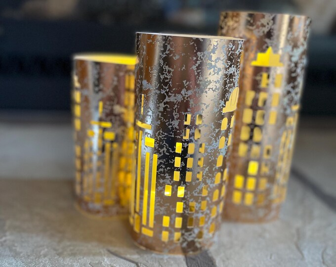 City Lights Luminary Centerpiece, set of three. Color choices: Black, Copper, Navy.