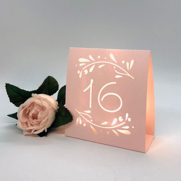 RUSTIC Vine Table Numbers for Weddings made with  Pink Blush or Gray card stock. Set the mood with these affordable table luminaries.