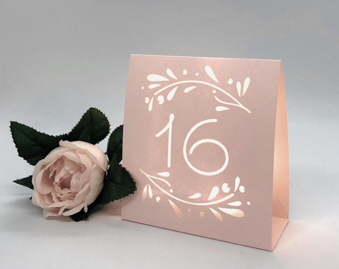 Rustic Vine Wedding Table Numbers: Pink Blush or Gray Luminaries