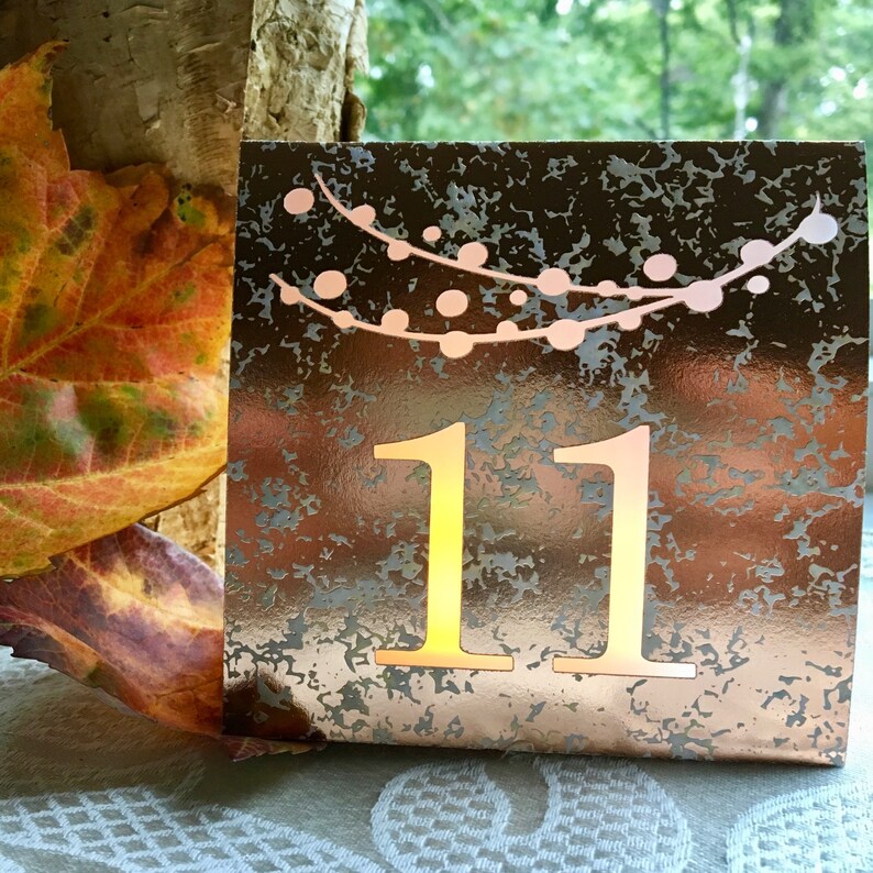 String of Lights Table Numbers are made with copper mercury style foil cardstock and sheer vellum paper so your battery tea lights can shine through (tea lights not included.) 
Color choices include ROSE GOLD, GOLD, SILVER, or MIX & MATCH