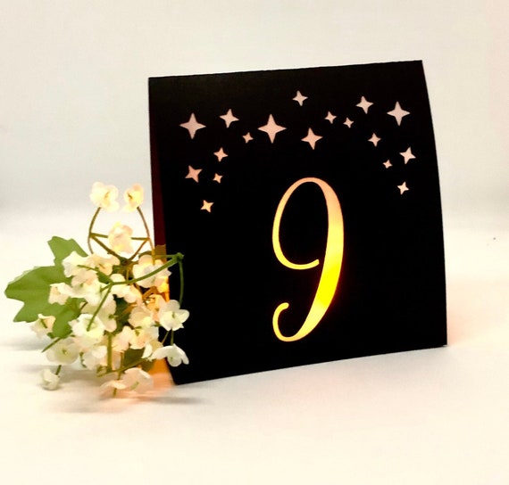 STARRY NIGHT Table Number Tents •  Luminaries for weddings • Color choices include Navy, Black, Silver, Rose Gold and Copper Mercury Glass