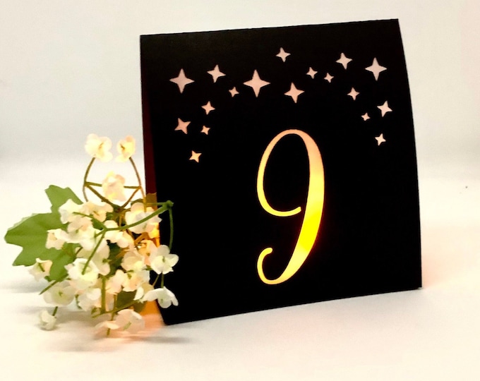 Starry Night Table Number Tents •  Luminaries for weddings • Color choices include Navy, Black, Silver, Rose Gold and Copper Mercury Glass