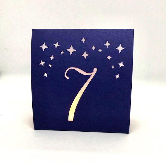 Starry Night Table Number Luminaries made from Cardstock: Foil mercury or Matte Navy, Black.