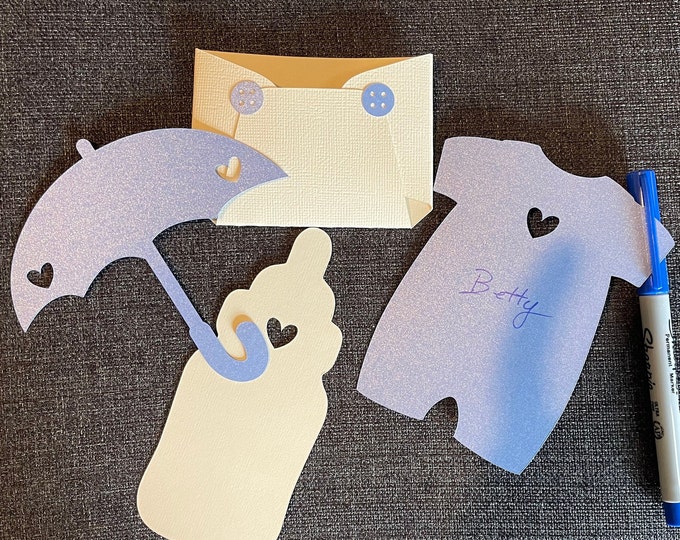 Baby Shower Name Tags: Diaper, Bottle, Umbrella, Onesie - Set of 4