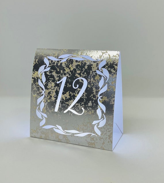 ANYTIME table number tents for weddings, banquets or parties made from Silver Mercury Glass, Shimmer Pearl, Blush or Navy card stock.