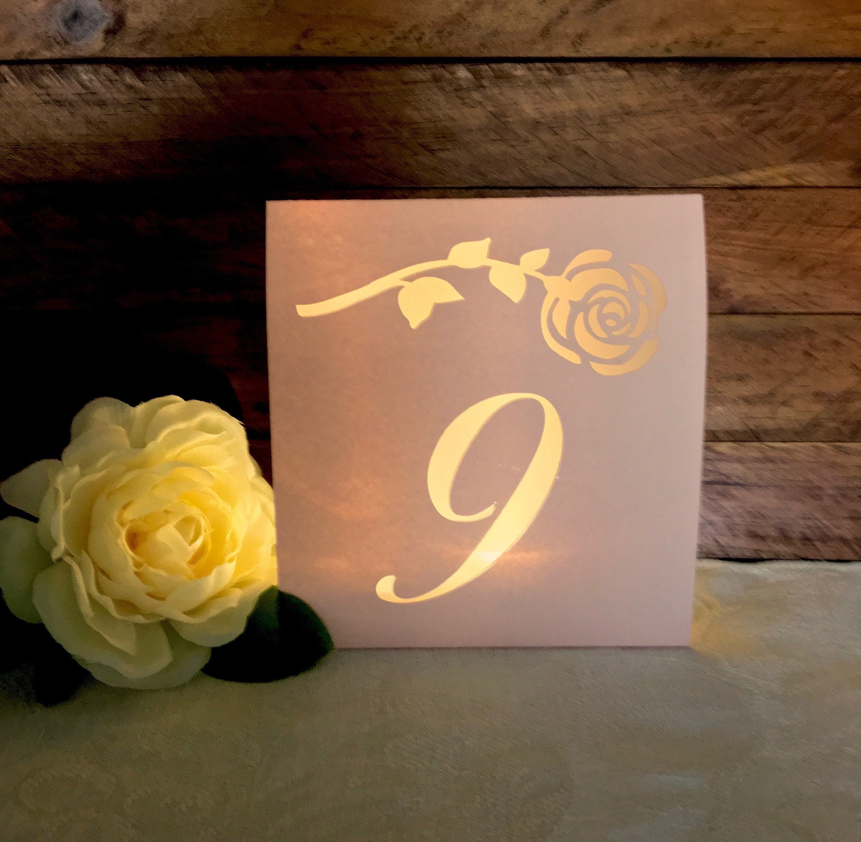 Rose TABLE NUMBERS, Table Number Luminaries, Lighted Table Numbers, Elegant Wedding Centerpieces