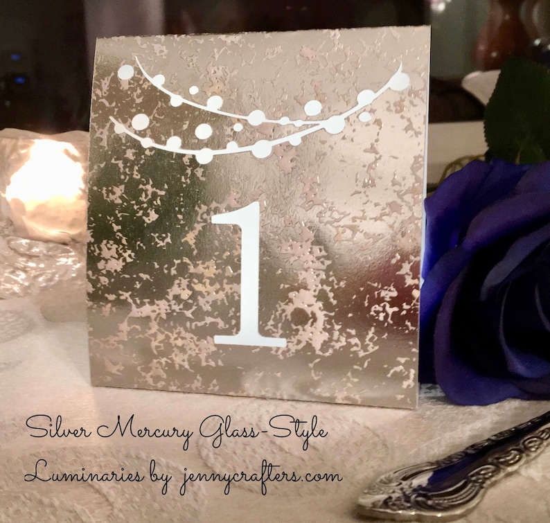 String of Lights Table Numbers ROSE, GOLD, SILVER or Copper Foil Mercury Glass Cardstock Luminaries Rustic Wedding Decor Silver