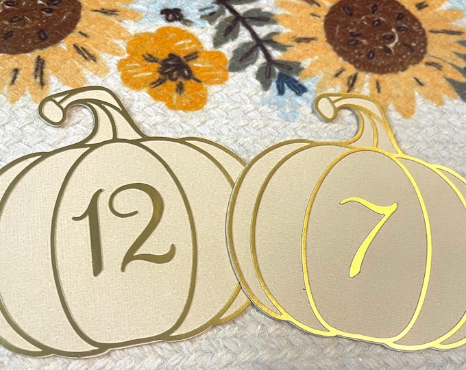 Pumpkin Table Number Cards made with gold foil and ivory cardstock.
