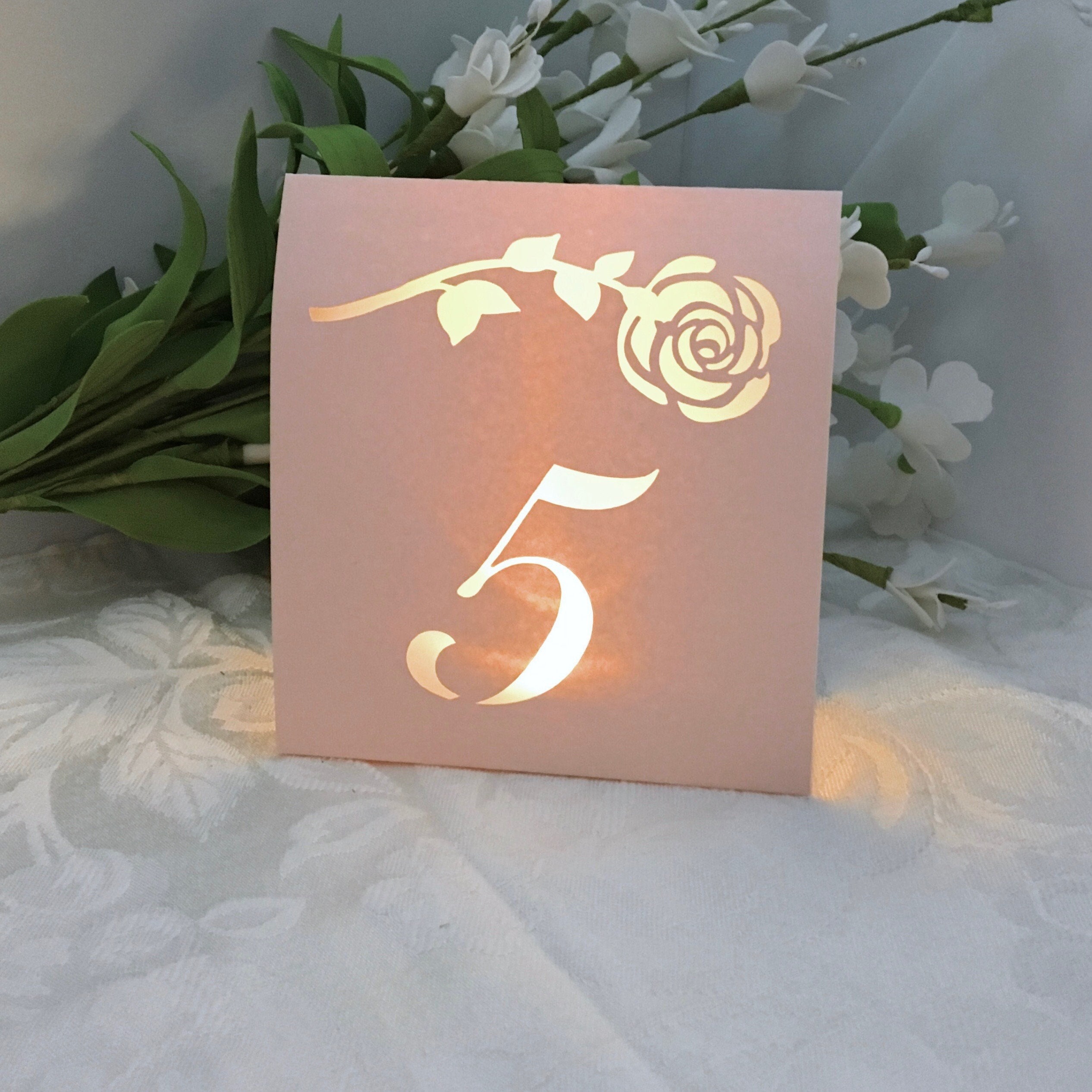 Rose TABLE NUMBERS, Table Number Luminaries, Lighted Table Numbers, Elegant Wedding Centerpieces