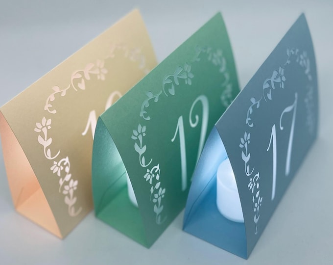 Romantic Garden Table Number Luminaries are made from Cardstock to use with LED candles (note included). Pastel shades.