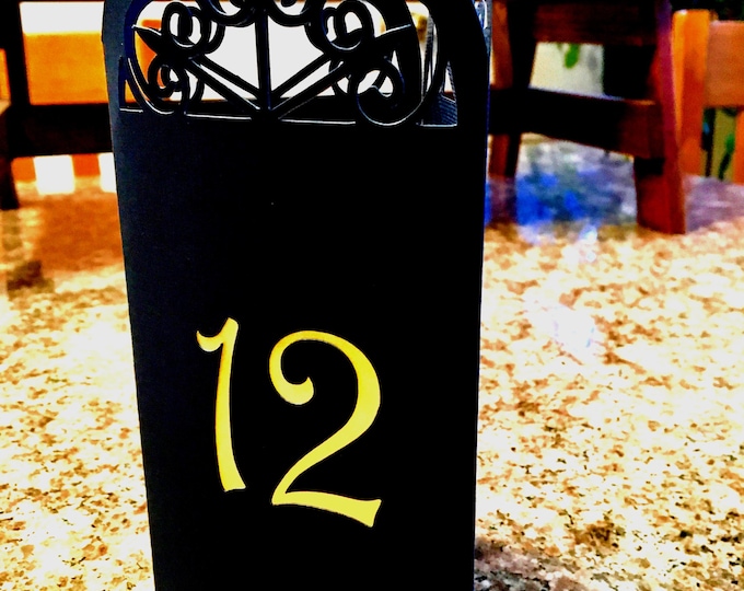 Elegant Arches Wedding Table Number Luminaries are 3-sided cutout arches. Choose Pearl, Vanilla, Navy, Copper or Rose gold.