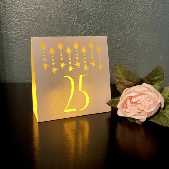 BLUE or PEARL Shimmer Table Numbers with diamond drop cutouts for Weddings and Holiday Parties • Winter Wedding Table Decor