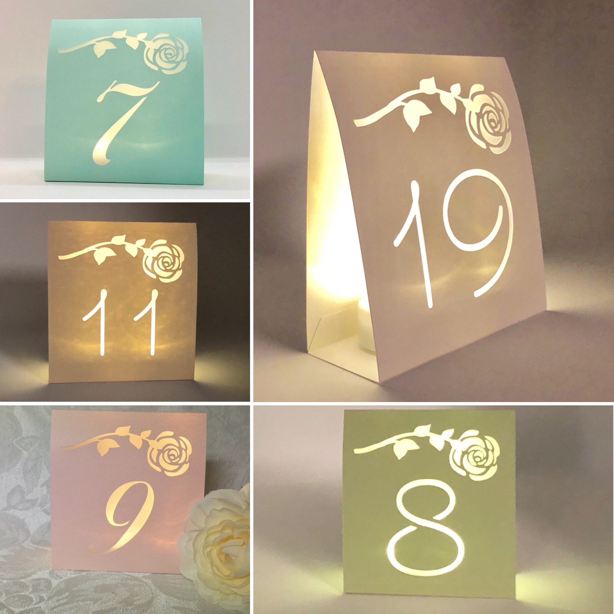 Rose TABLE NUMBERS, Table Number Luminaries, Lighted Table Numbers, Elegant Wedding Centerpieces