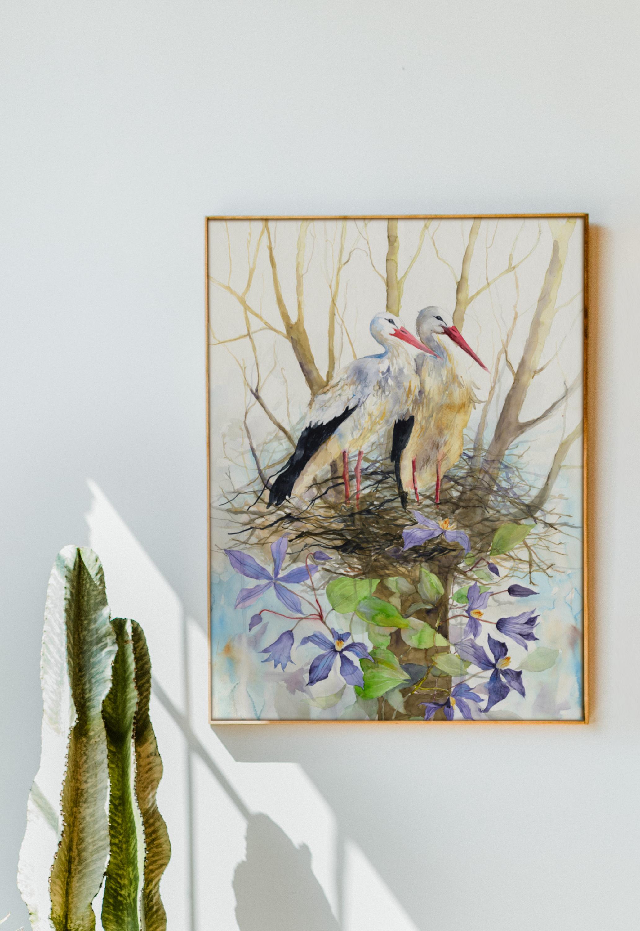 美しいコウノトリのジクレーアートプリント、水彩画の鳥の巣の壁飾り