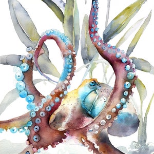 Octopus and Leaves Watercolor Print Surreal art Wall Art Watercolor Animal Prints Home Decor Nautical Prints Sea Creature Giclee Print Art