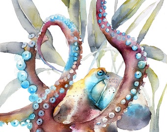 Octopus and Leaves Watercolor Print Surreal art Wall Art Watercolor Animal Prints Home Decor Nautical Prints Sea Creature Giclee Print Art